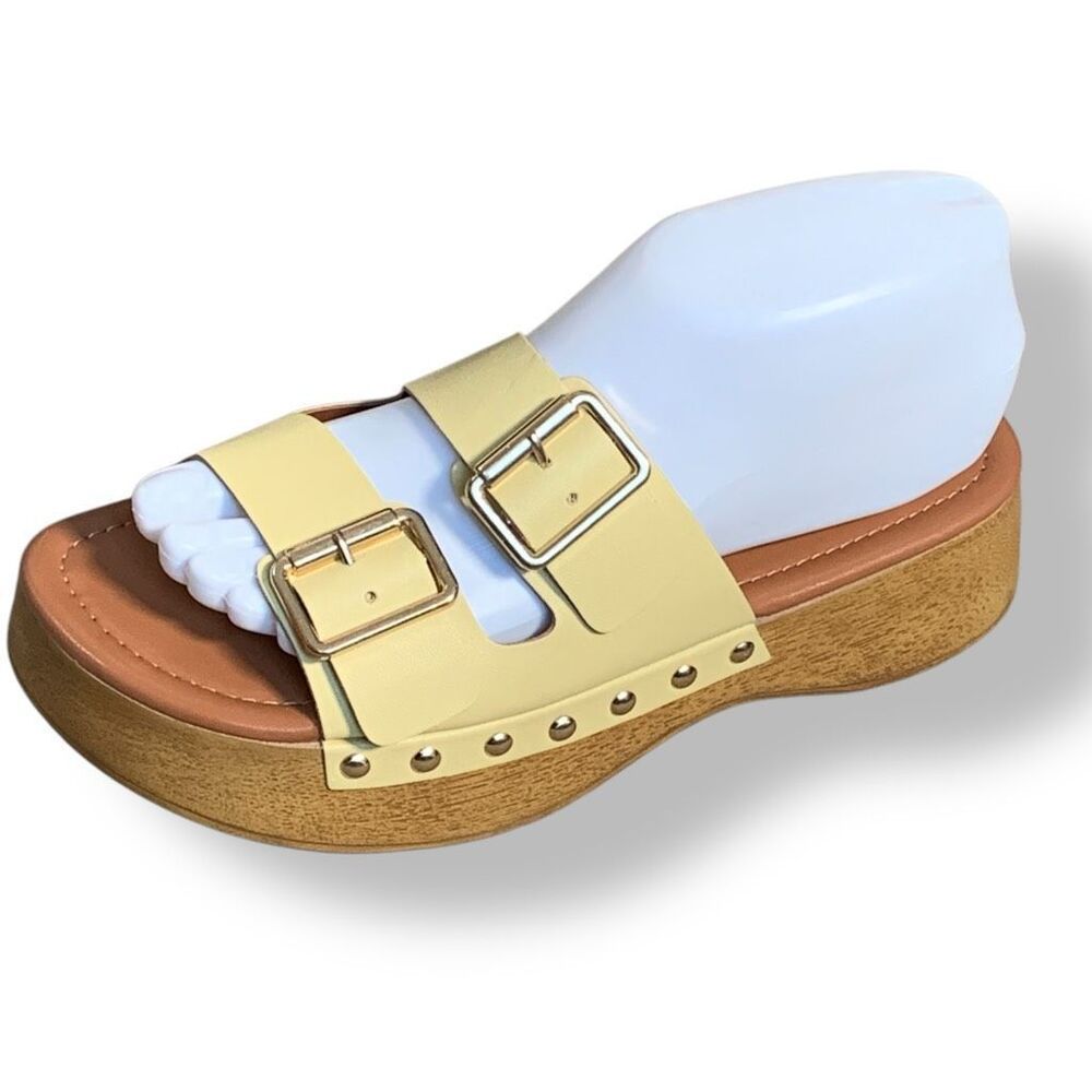 ASOS DESIGN Pale Yellow Flatform Open Toe Clogs Double‎ Buckle Detail Size 7 New